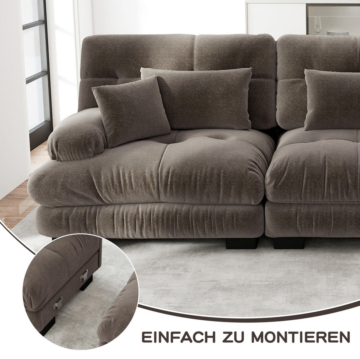 ECKSOFA 220/77/81 cm braun aus Chenille mit modularem Design und Kissen - Braun, Textil (77/220cm) - OKWISH