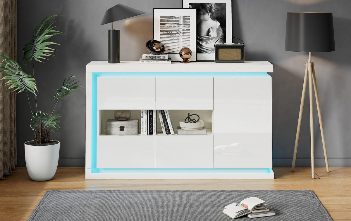 SIDEBOARD aus Spanplatte 140x40x84 cm Weiß mit LED-Beleuchtung, Glastüren und verstellbaren Einlegeböden - Weiß, Holzwerkstoff (140/84/40cm) - Modfu