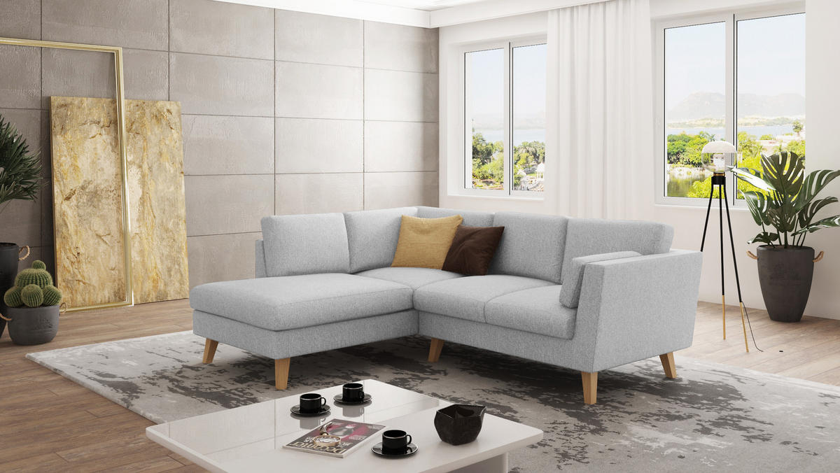 ECKSOFA Mario Silber Microfaser - Silberfarben/Naturfarben, Buchenholz/Textil (221/186cm) - S-Style Möbel