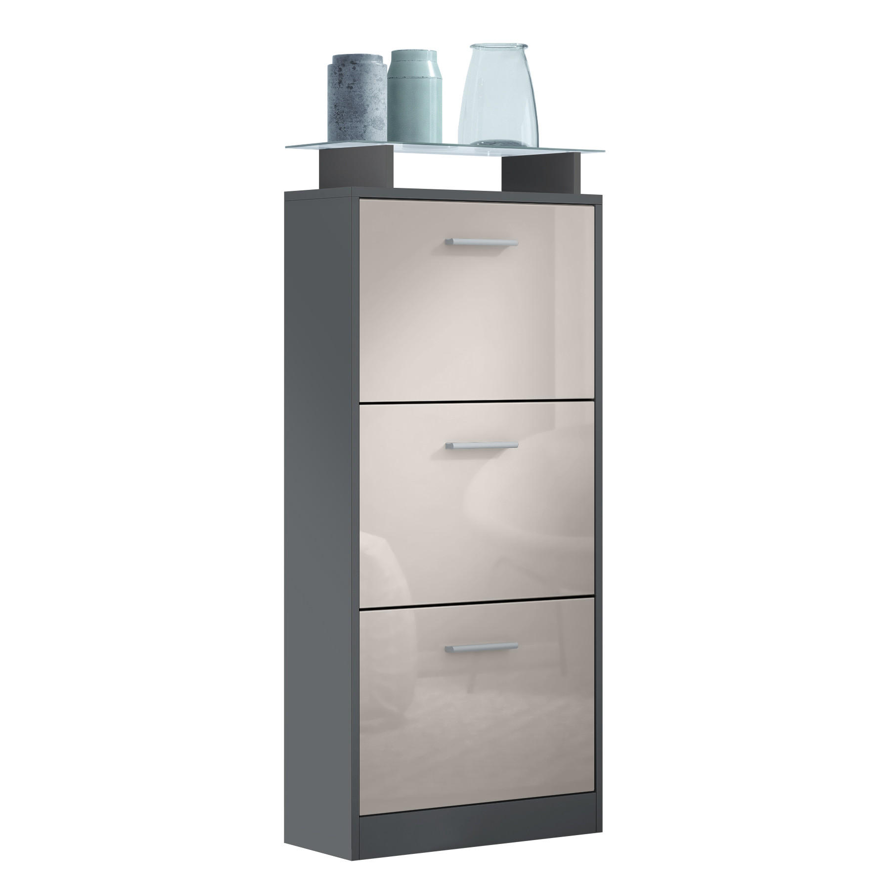 SCHUHSCHRANK Lavia Front in Sandgrau Hochglanz - Sandfarben, Holzwerkstoff (46/128/23cm) - Vladon