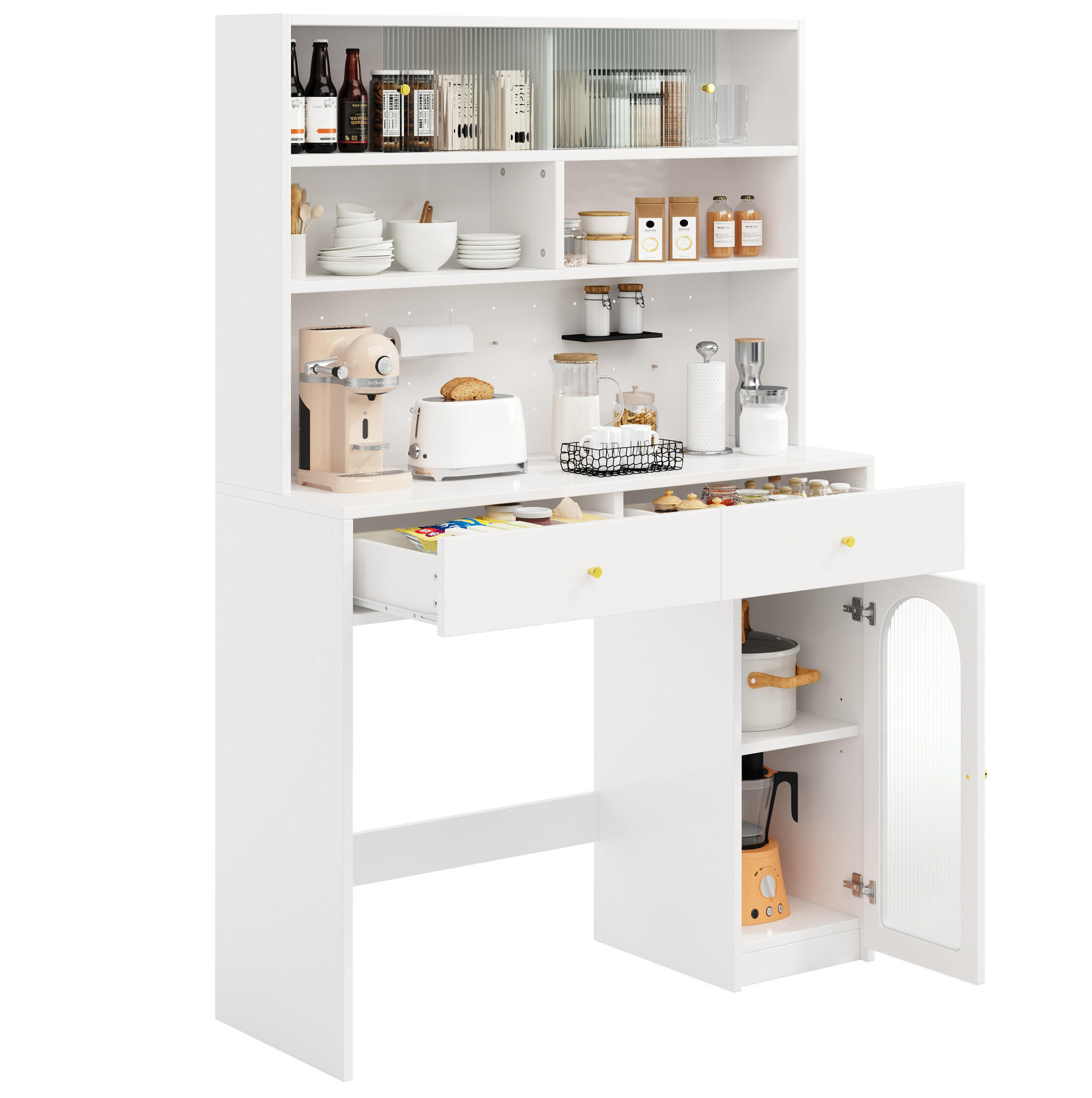 BUFFET aus MDF 120x45x180 cm Weiß mit Hakenleiste, 2 Schubladen und verstellbarem Einlegeboden - Weiß, Holzwerkstoff (120/180/45cm) - Modfu