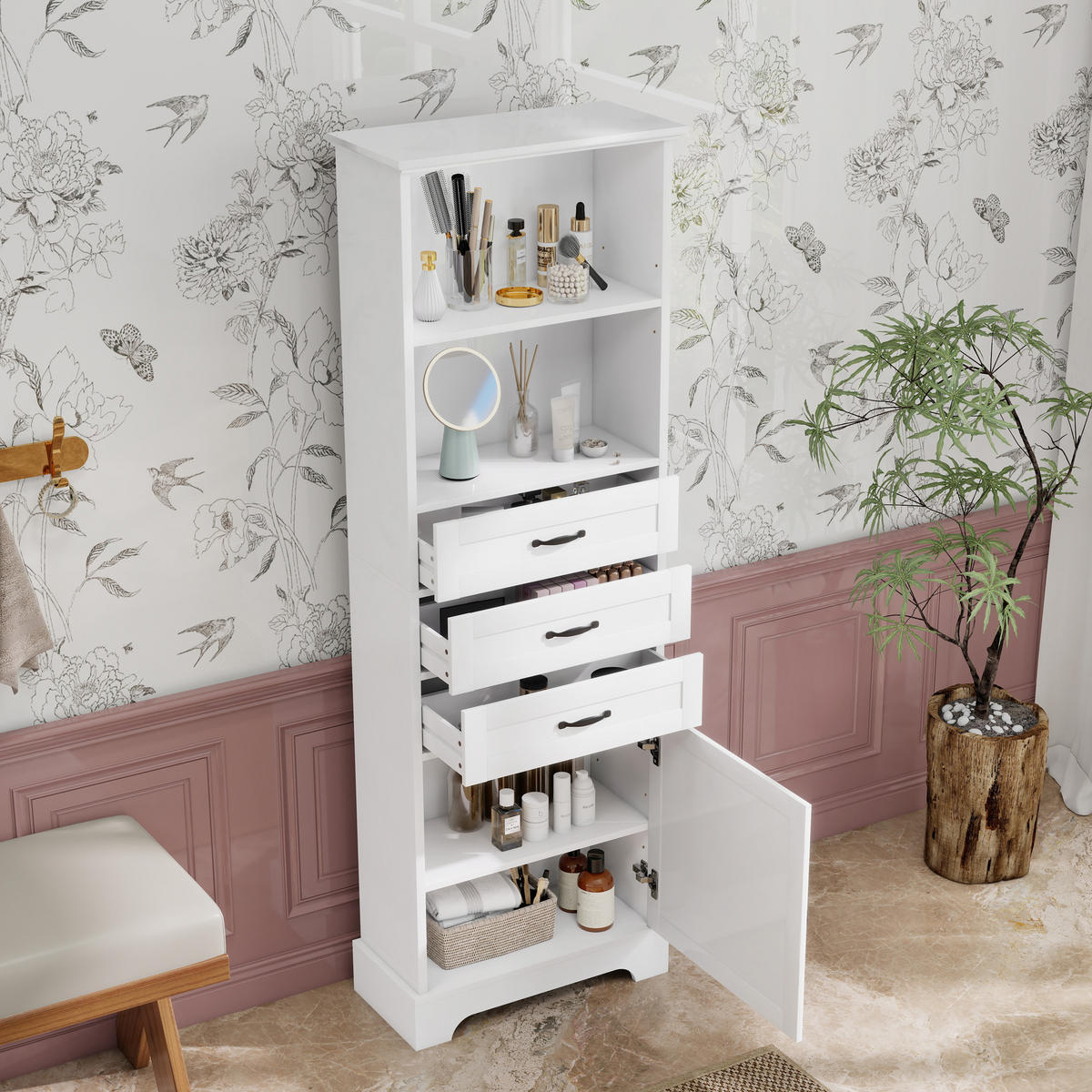 HOCHSCHRANK 56/25.6/167 cm Weiß mit 3 Schubladen, Staufach und offene Regale - Schwarz/Weiß, Holz/Holzwerkstoff (25.6/167/56cm) - Oxeza