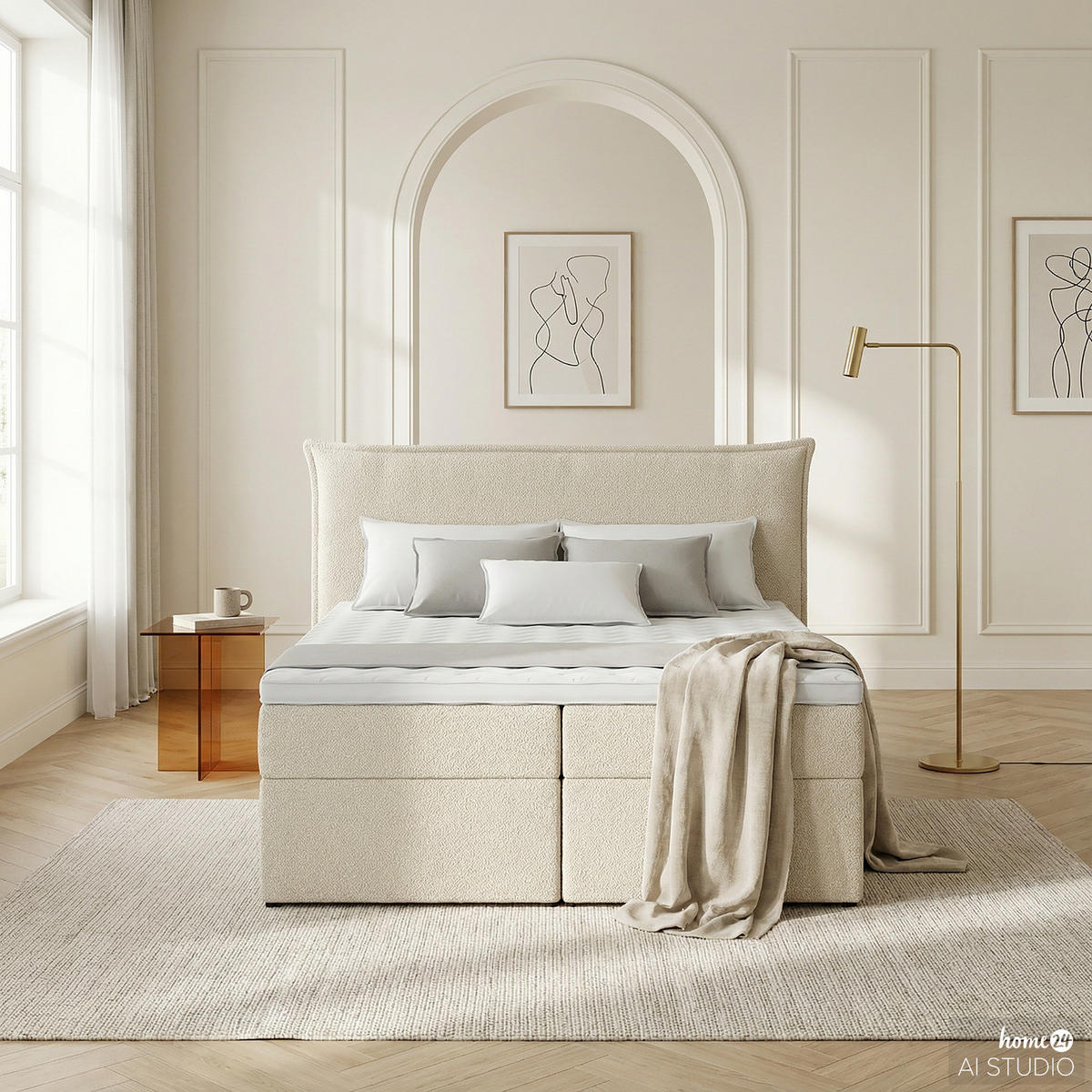 BOXBETT mit Stauraum - Bouclé - Creme, Holzwerkstoff/Textil (160/200cm) - home24