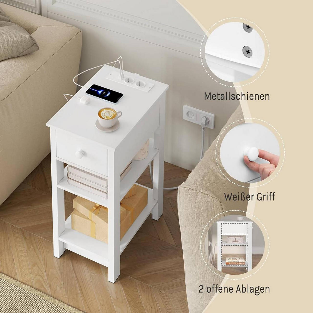NACHTTISCH mit Ladefunktion, 2 Steckdosen, 2 USB-Anschlüssen - Weiß, Holzwerkstoff (30/65/45cm) - Woltu