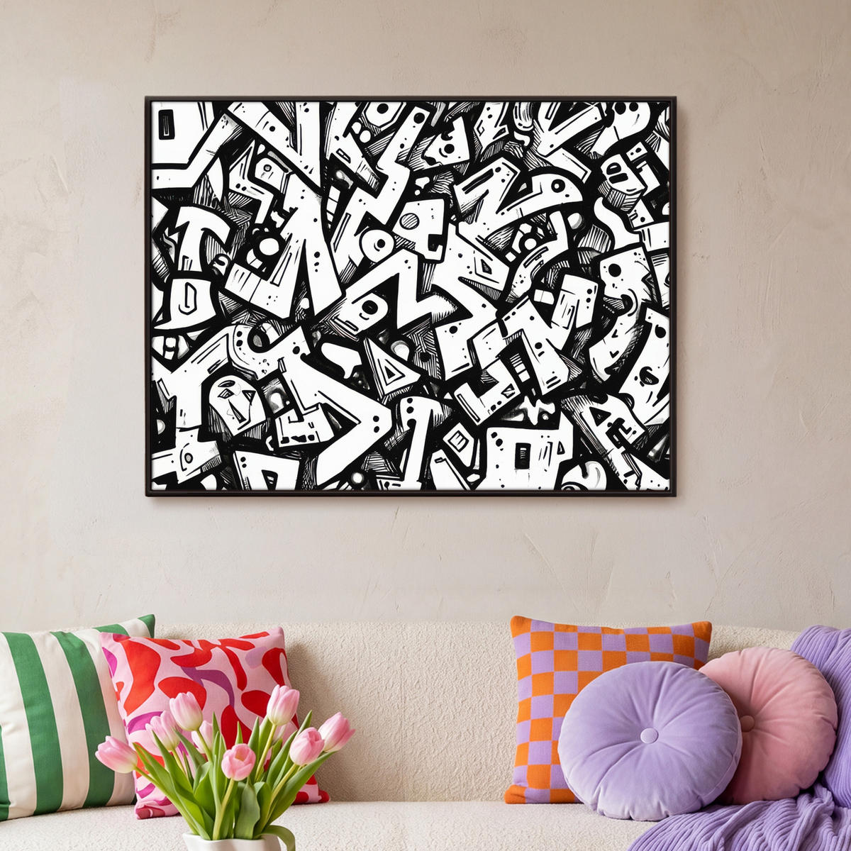 LEINWAND Bilder mit Rahmen - Formen - Buchstaben - Graffiti - Schwarz - 100x70 - Schwarz, Textil (100/70cm) - MuchoWow