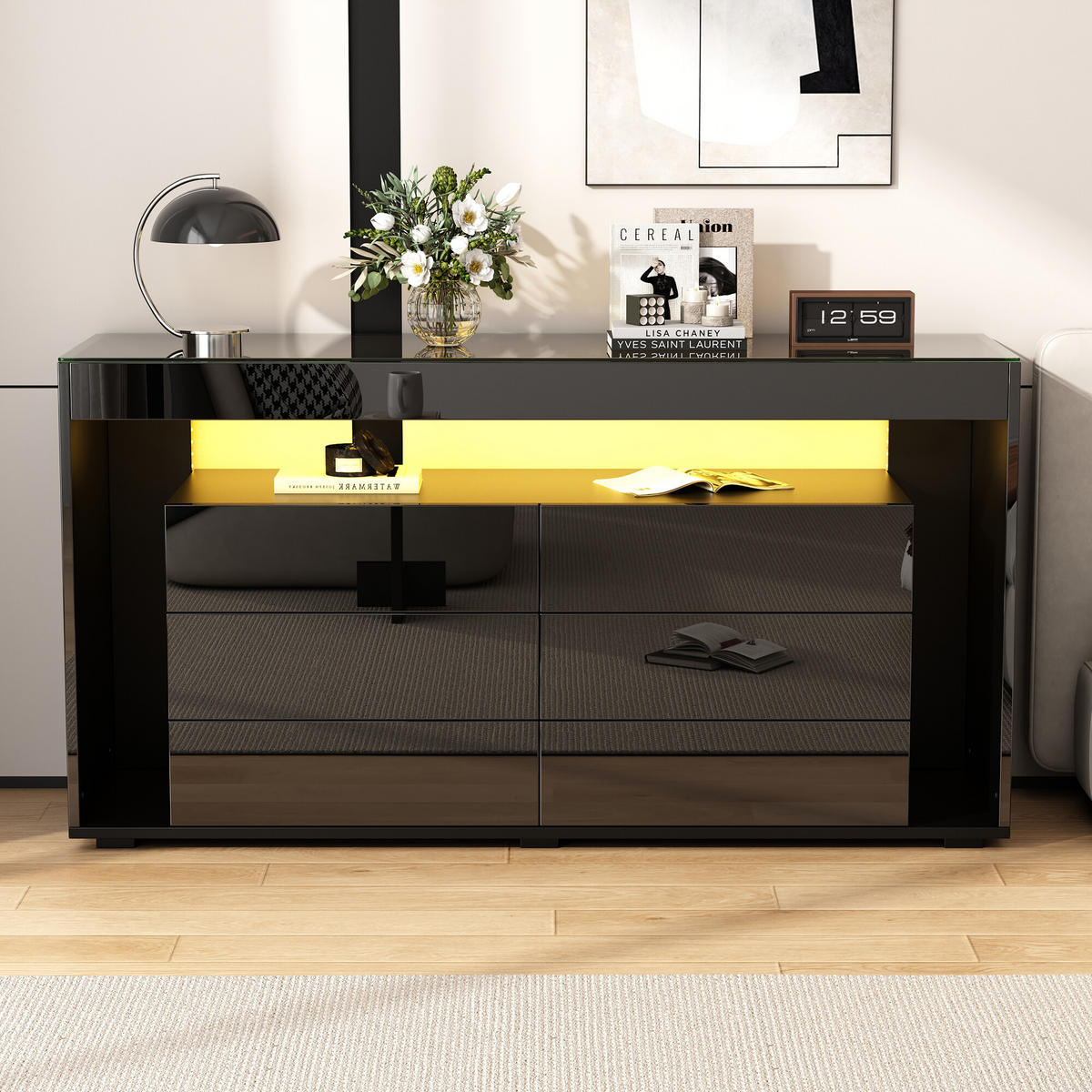 SIDEBOARD mit 6 Schubladen und LED Schwarz - Schwarz, Glas/Holzwerkstoff (40/72/140cm) - Urban Meuble