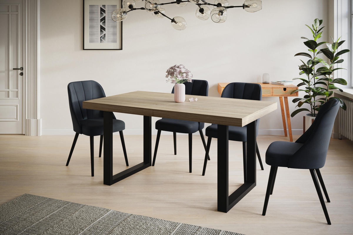 ESSZIMMERTISCH LOFT-U 160X90X77 cm, Farbe: SONOMA, mit Metallbeinen in Farbe Schwarz - Schwarz/Sonoma Eiche, Holzwerkstoff (160/90/77cm) - Alpi-Möbel