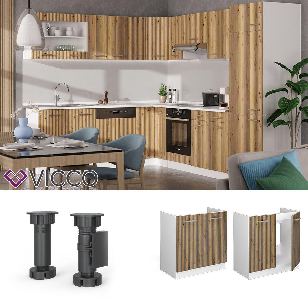SPÜLENUNTERSCHRANK R-Line Artisan-Eiche 80 cm, AP Marmor - Weiß/Eiche Artisan, Holzwerkstoff (80/81.6/60cm) - Vicco