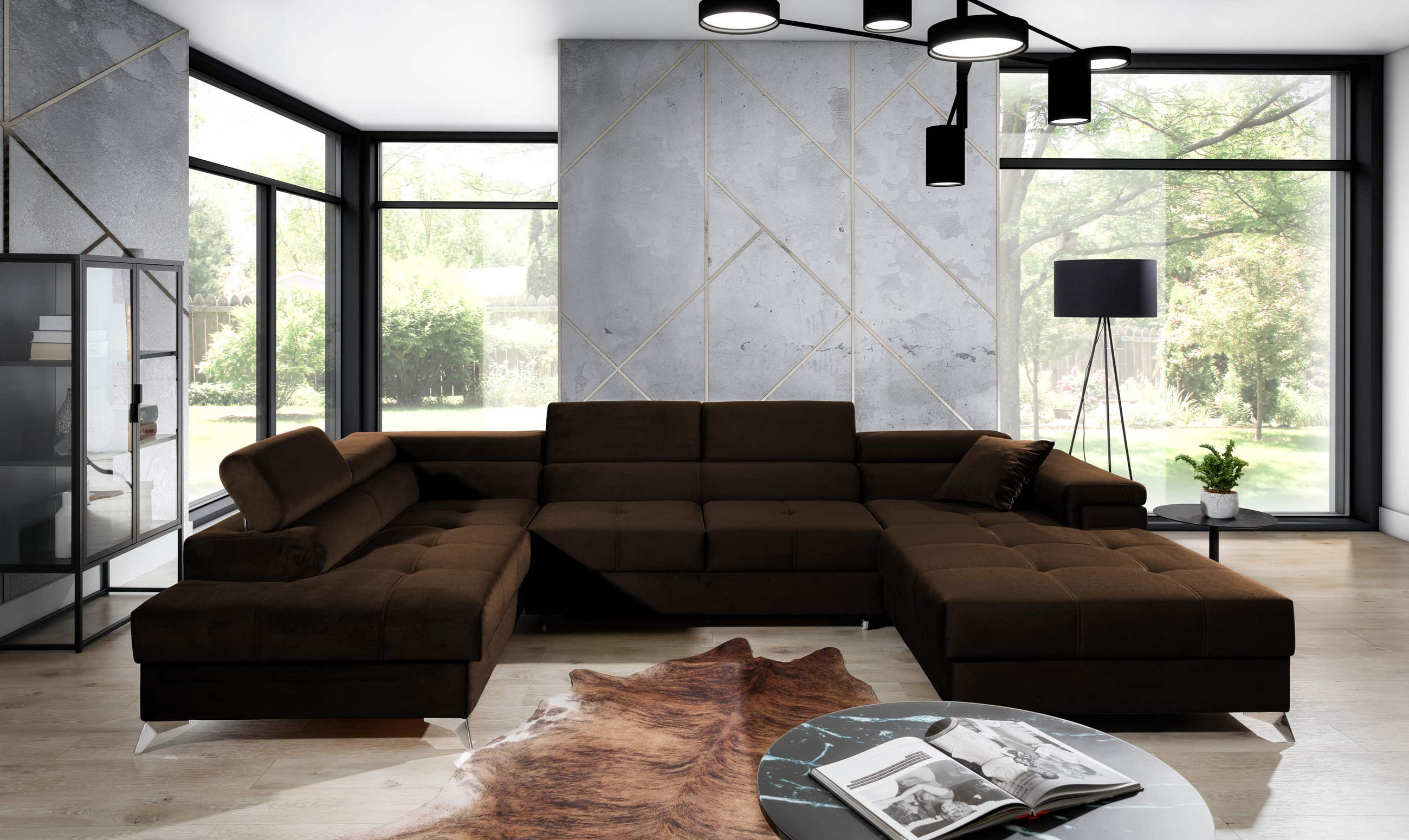 WOHNLANDSCHAFT mit Schlaffunktion und Bettkasten, Kronos-Stoff - Chromfarben/Dunkelbraun, Textil/Metall (345/90/202cm) - Eltap