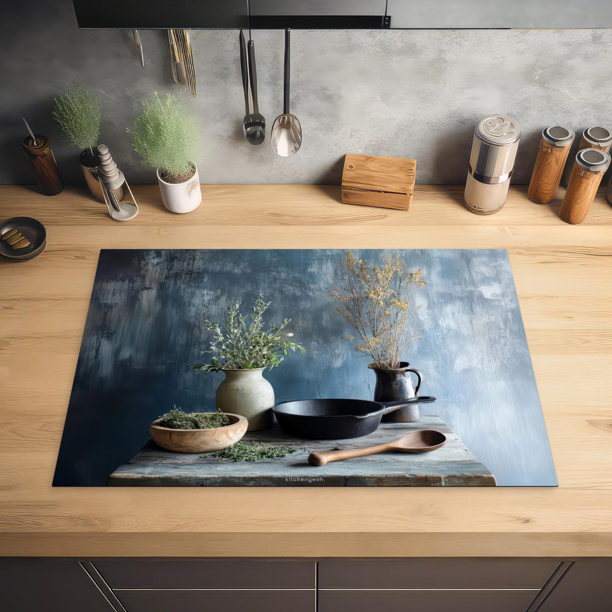 HERDABDECKPLATTE Stilleben - Kräuter - Rustikal Induktionsmatte 77x51 cm - Blaugrau, Kunststoff (77/51/0.2cm) - MuchoWow