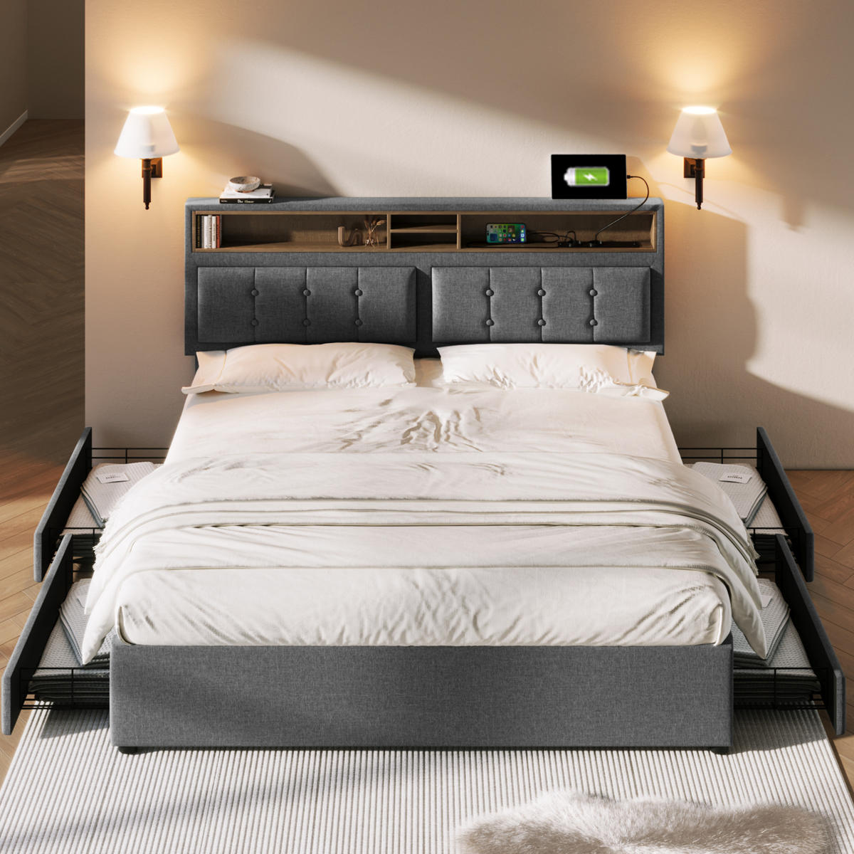 POLSTERBETT 160/200 cm mit 4 Schubladen, USB/Steckdosen & verstellbarem Kopfteil, Grau - Grau, Textil (160/200cm) - Redom