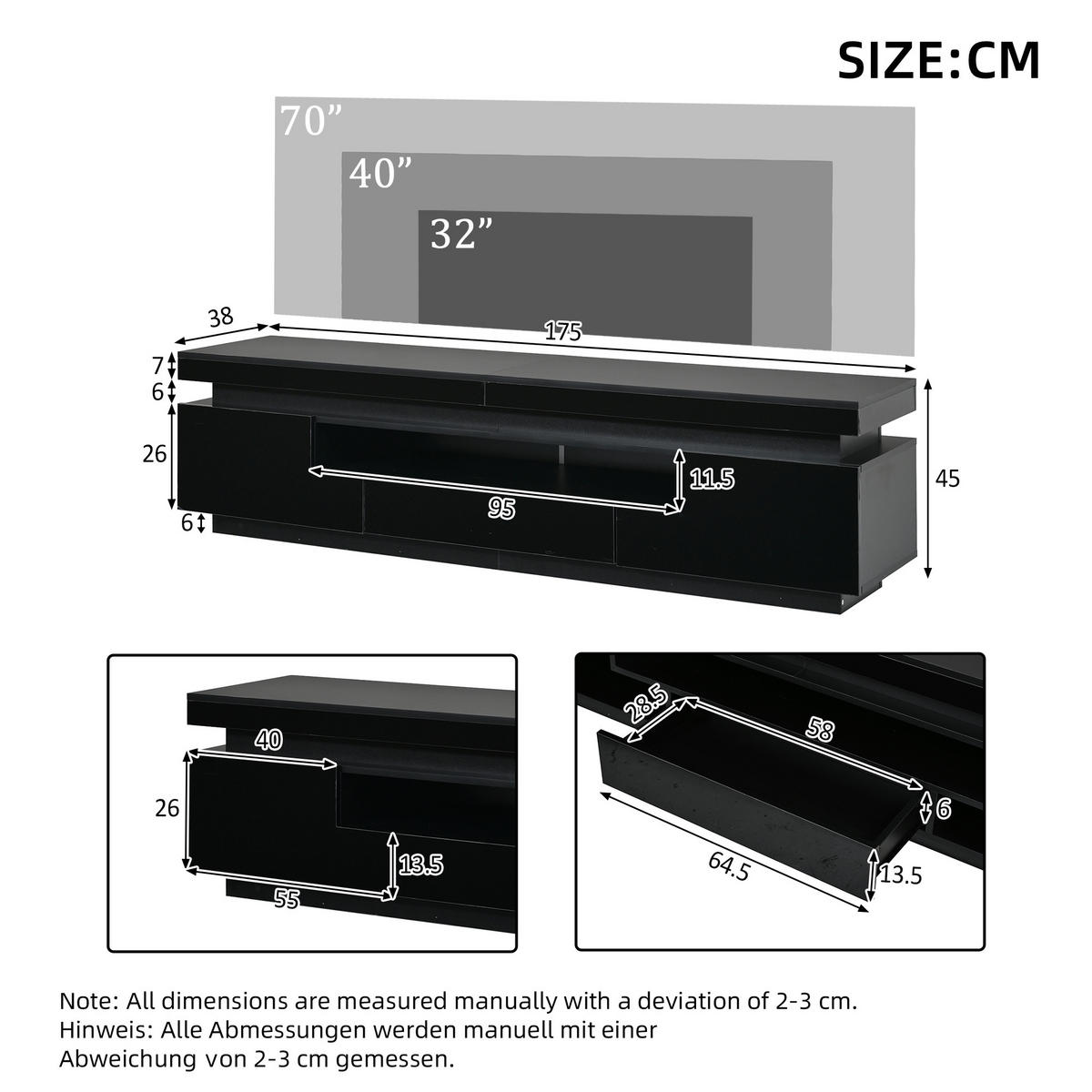 TV-ELEMENT 175/38/45 cm Hochglanz Schwarz mit LED-Beleuchtung und Stauraum - Schwarz, Holzwerkstoff (38/45/175cm) - Korfee