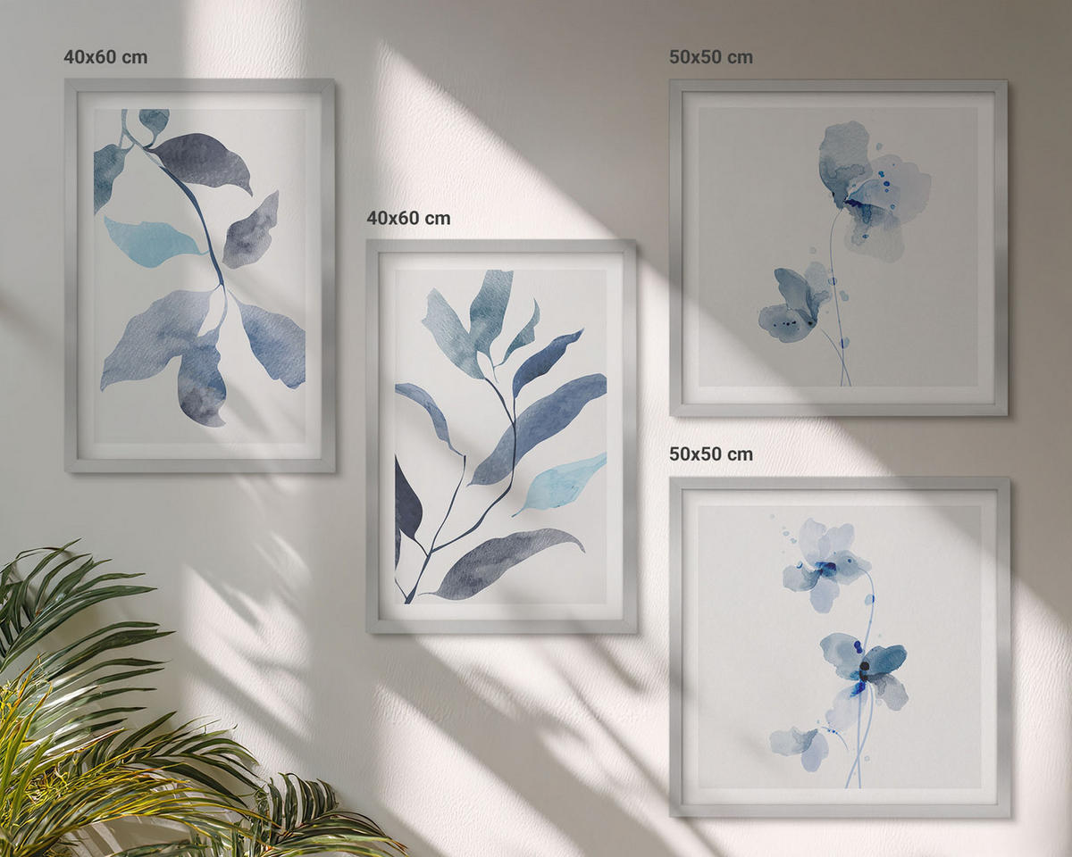 BILDER SET 4er Set - 50x50 cm & 40x60 cm Silberner Rahmen - Aquarell von blauen Blättern - Silberfarben, Kunststoff (50/50cm) - TULUP