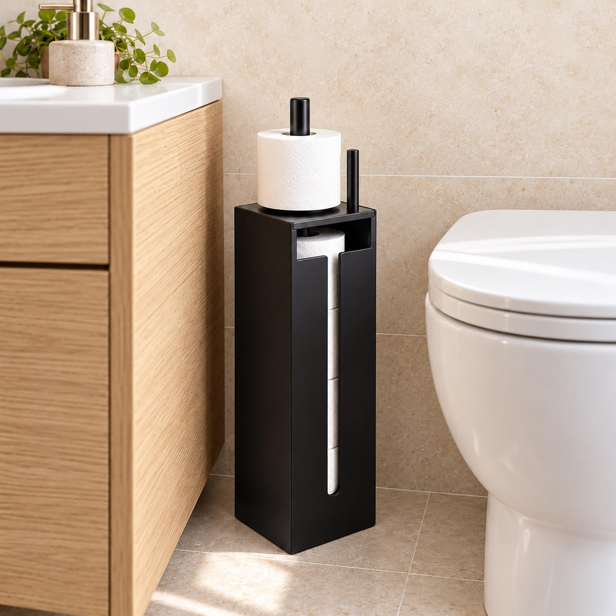 TOILETTENPAPIERHALTER Schwarz MDF für 4 Rollen - Schwarz, Holzwerkstoff (14/44/14cm) - Relaxdays