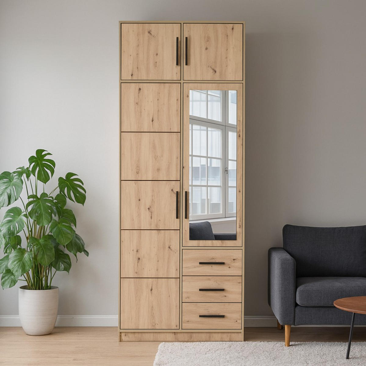 DREHTÜRENSCHRANK Kavo mit Aufsatz, Spiegel und 2 Türen, eiche Sonoma - Schwarz/Sonoma Eiche, Holzwerkstoff (100/245/58cm) - Beautysofa