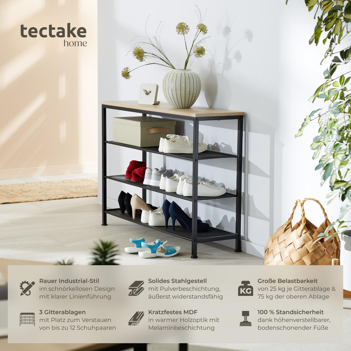 SCHUHREGAL Portsmouth,100 x 30,5 x 72,5 cm,Industrial Holz hell, Eiche Sonoma - Naturfarben, Metall (30.5/72.5/100cm) - tectake