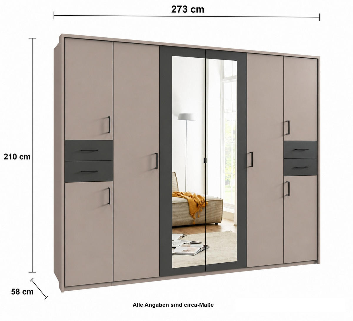 DREHTÜRENSCHRANK Kleiderschrank 273 cm mit Schubkästen & Passepartout & 2 Spiegeltüren, Sand Grau mit Absetzungen in Grafit, Griffe schwarz / 22579 - Sandfarben/Graphitfarben, Holzwerkstoff/Kunststoff (273/210/58cm) - luma-home