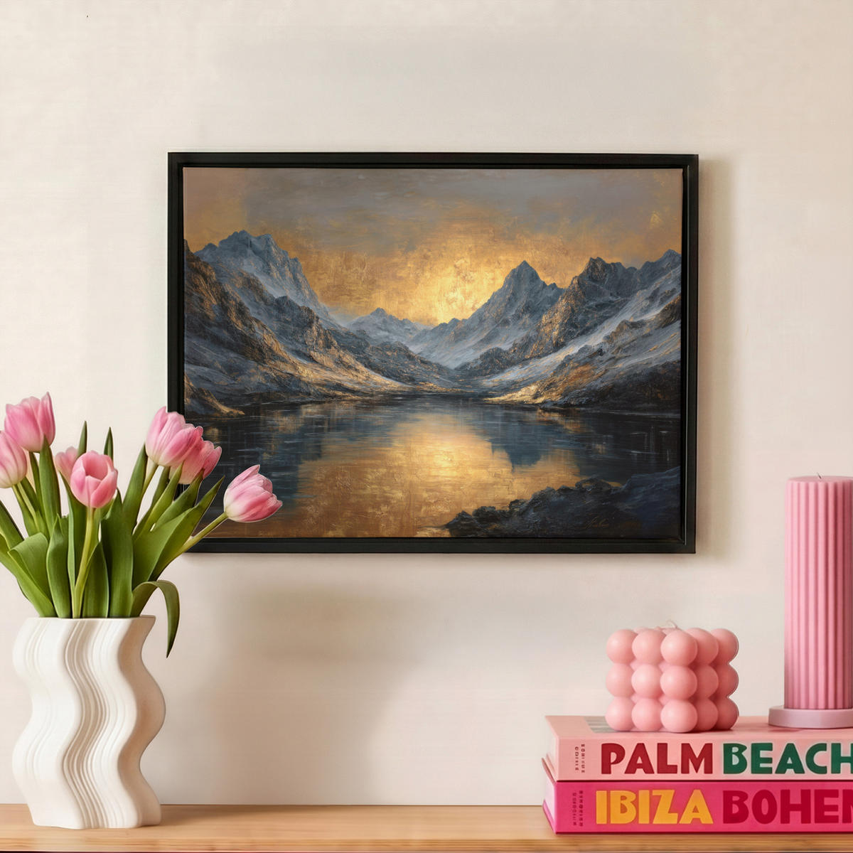LEINWAND Bilder mit Rahmen - Bergkulisse mit goldenem Sonnenuntergang - 40x30 - Goldfarben, Textil (40/30cm) - MuchoWow