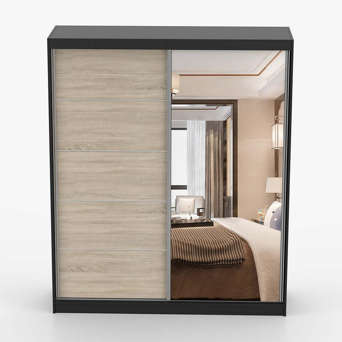 SCHWEBETÜRENSCHRANK 183/218/61 cm 2-türig Bella 03 Schwarz, Sonoma Eiche - Alufarben/Schwarz, Glas/Holzwerkstoff (183/218/61cm) - imoebel24