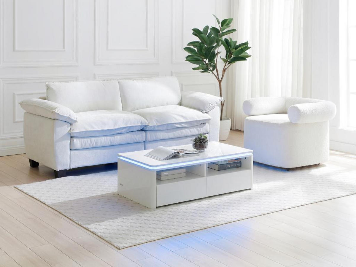 COUCHTISCH mit 2 Schubladen & 2 Ablagefächern - Mit LED-Beleuchtung - Weiß - SYLPIA - Weiß, Holz (110/60/34cm) - Vente-Unique