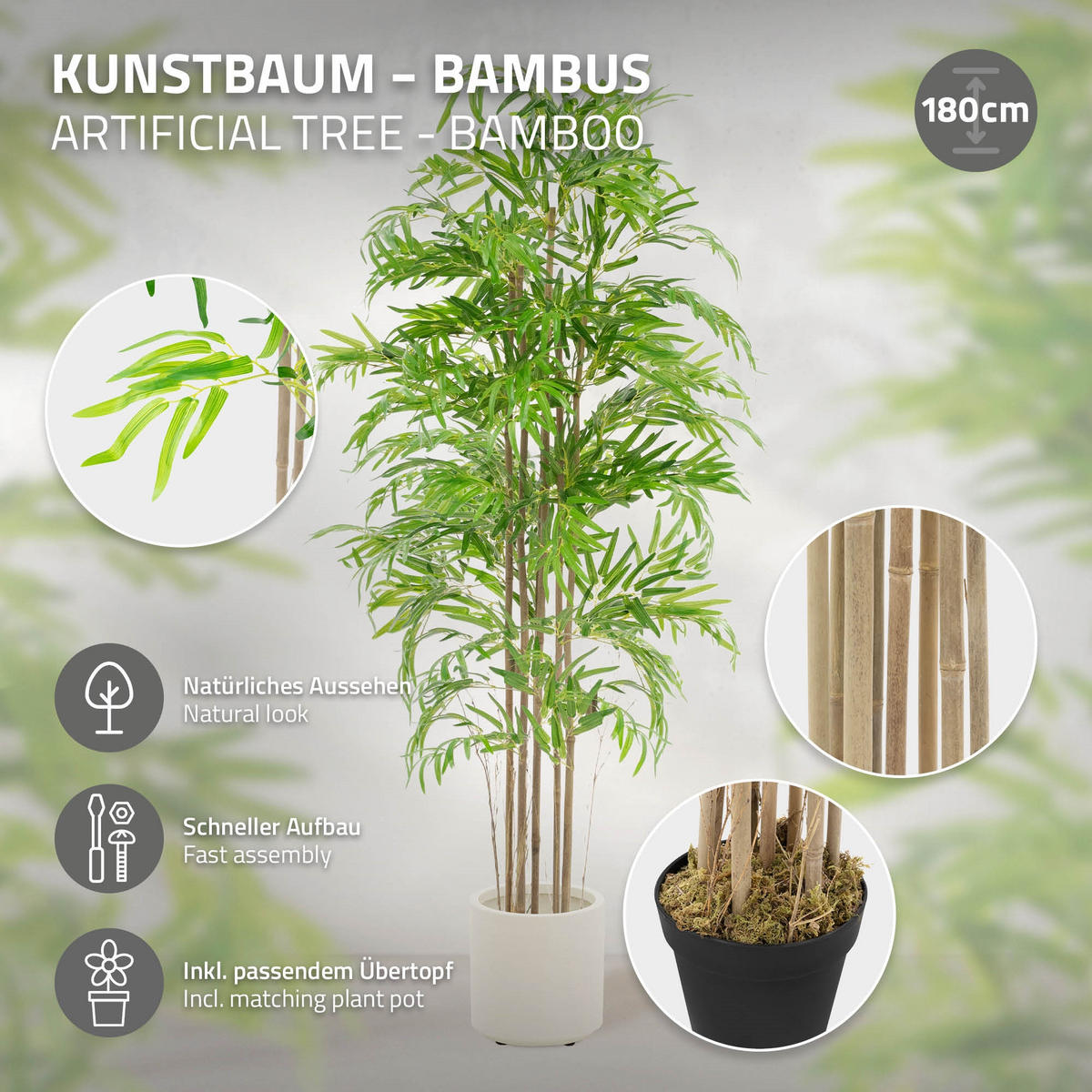 KUNSTPFLANZE Bambus - Anthrazit/Grün, Holz/Kunststoff (180cm) - ML-DESIGN