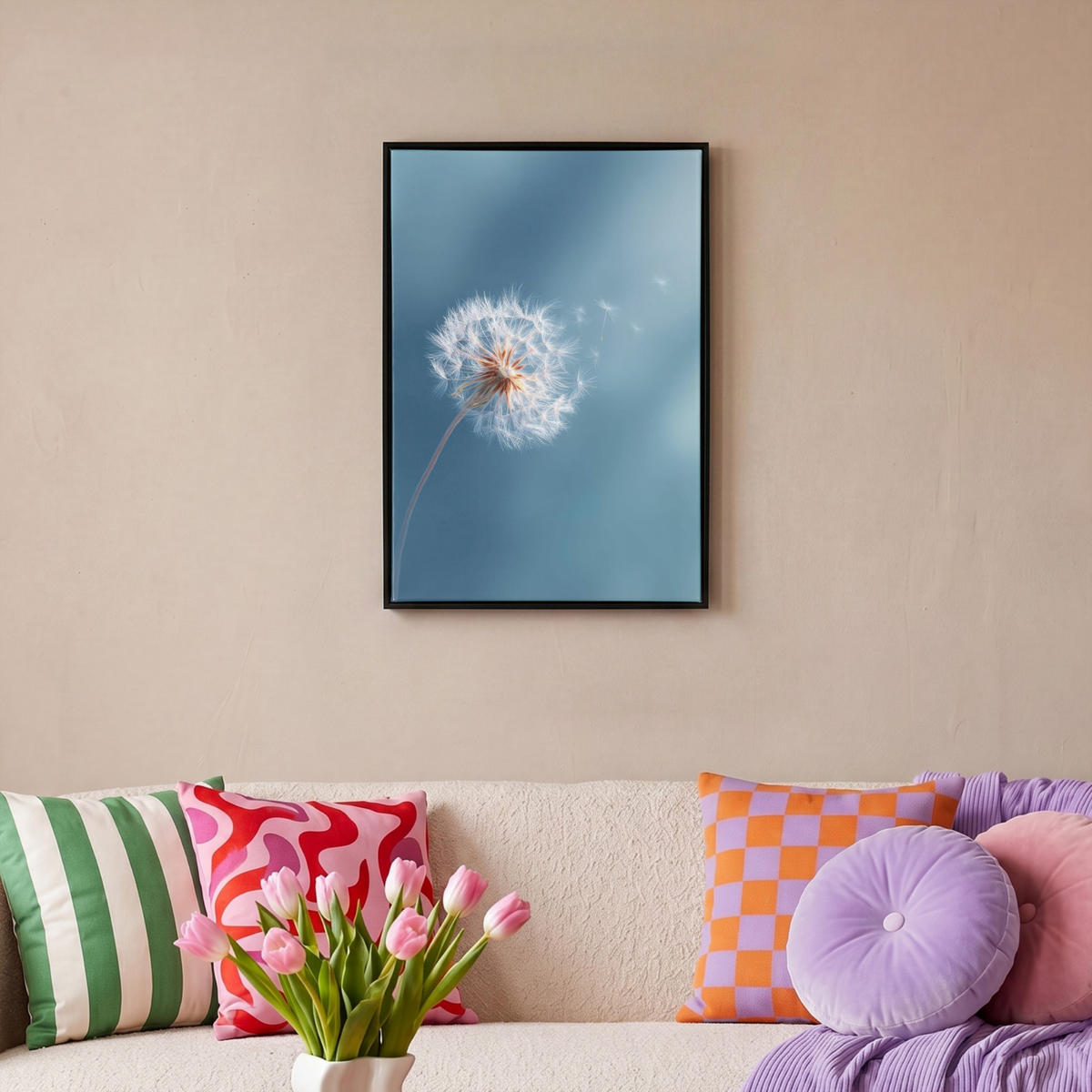 LEINWAND Bilder mit Rahmen - Löwenzahn - Wind - Blau - 40x60 - Blaugrau, Textil (40/60cm) - MuchoWow