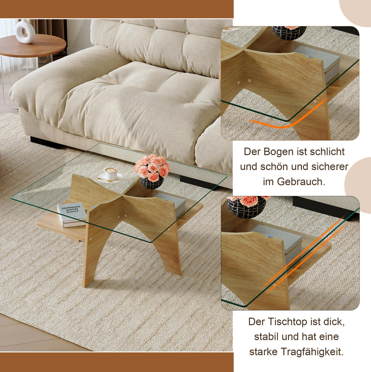 COUCHTISCH 80/80/40 cm aus Sicherheitsglas und MDF mit Ablagefach im minimalistischen Design, Transparent, Holzfarben - Transparent, Glas (80/80/40cm) - Redom