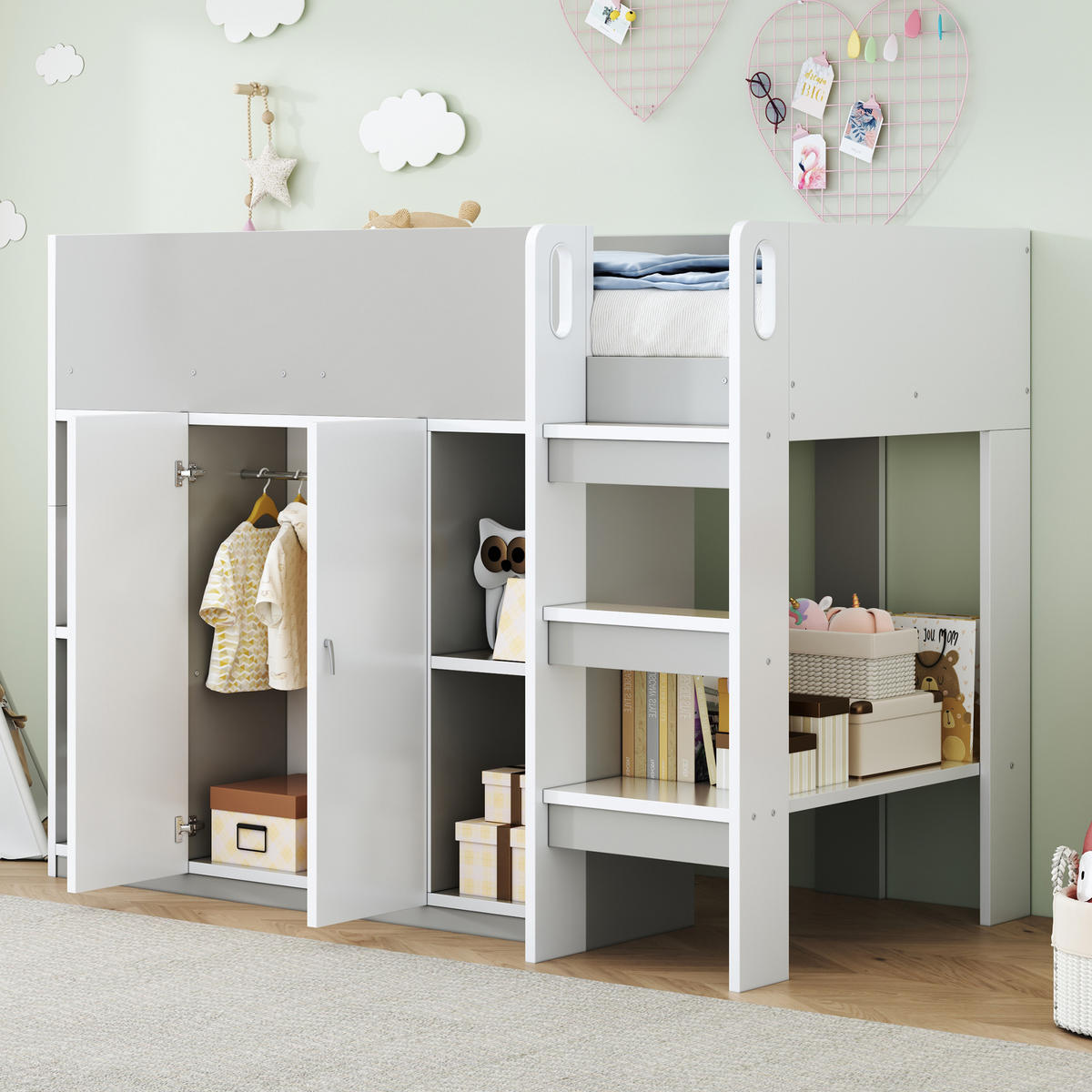 HOCHBETT 90x200 Stauraum Schrank Regale Kinderbett Leiter Grau - Grau, Holzwerkstoff - FLIEKS