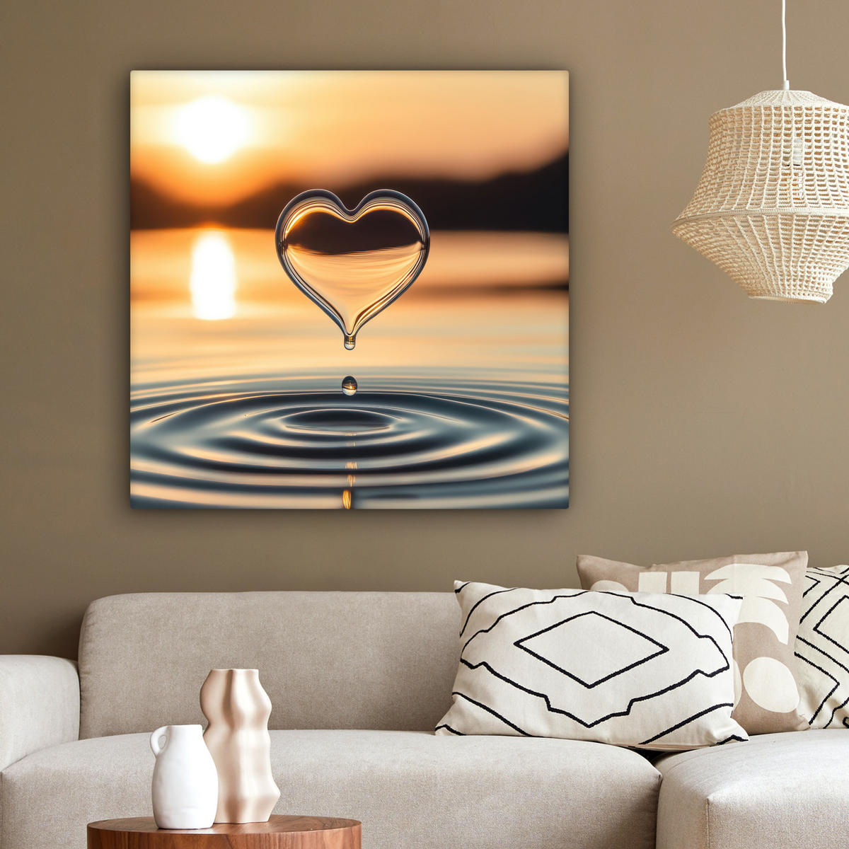 LEINWANDBILD - Herz - Wasser - Sonnenuntergang - Natur - Zen - 90x90 - Gemälde - Bernsteinfarben, Textil (90/90cm) - MuchoWow