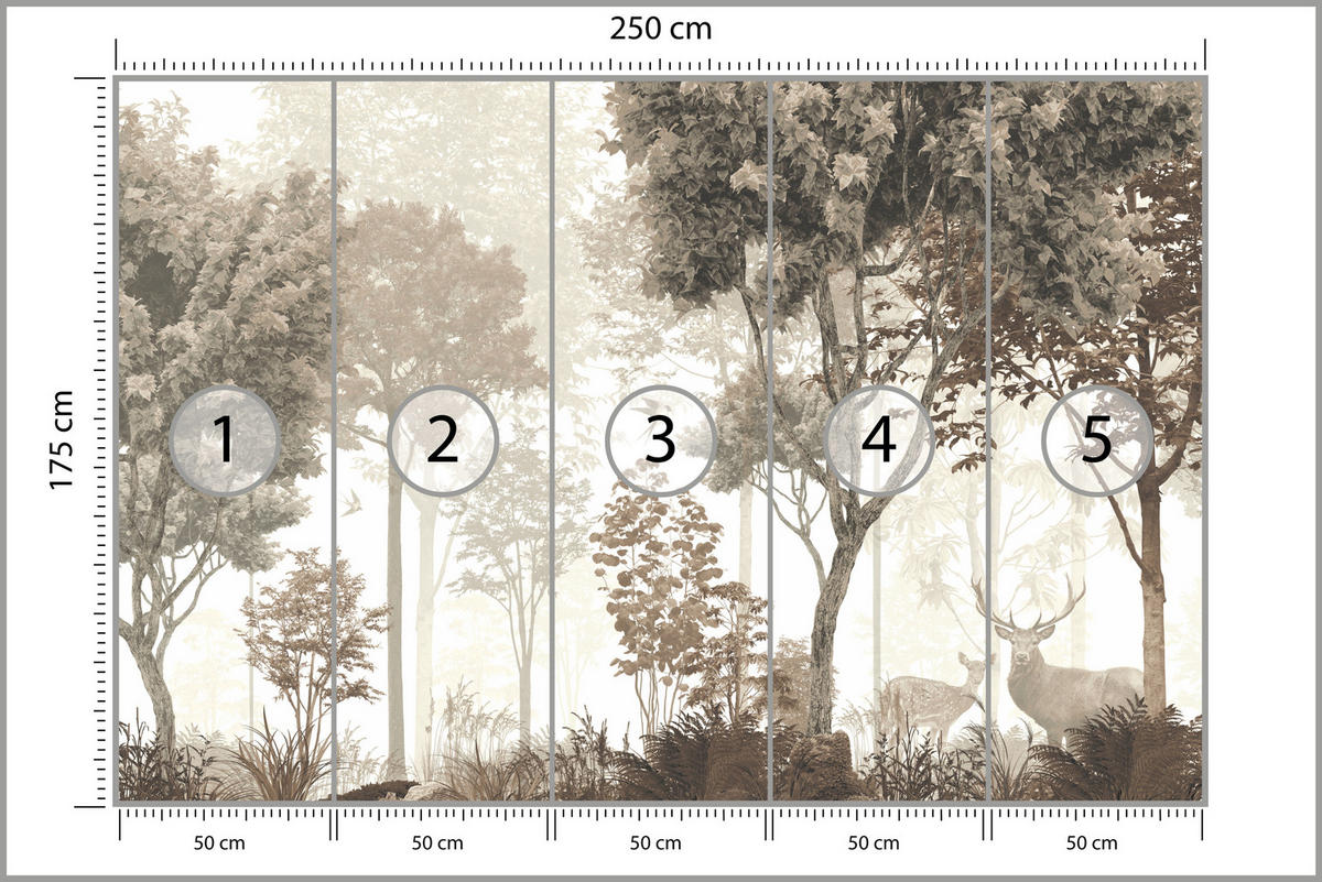 FOTOTAPETE für Esszimmer Vintage Wald Bäume Hirsche 250x175 - Gelb/Beige, Papier (250/175cm) - Muralo