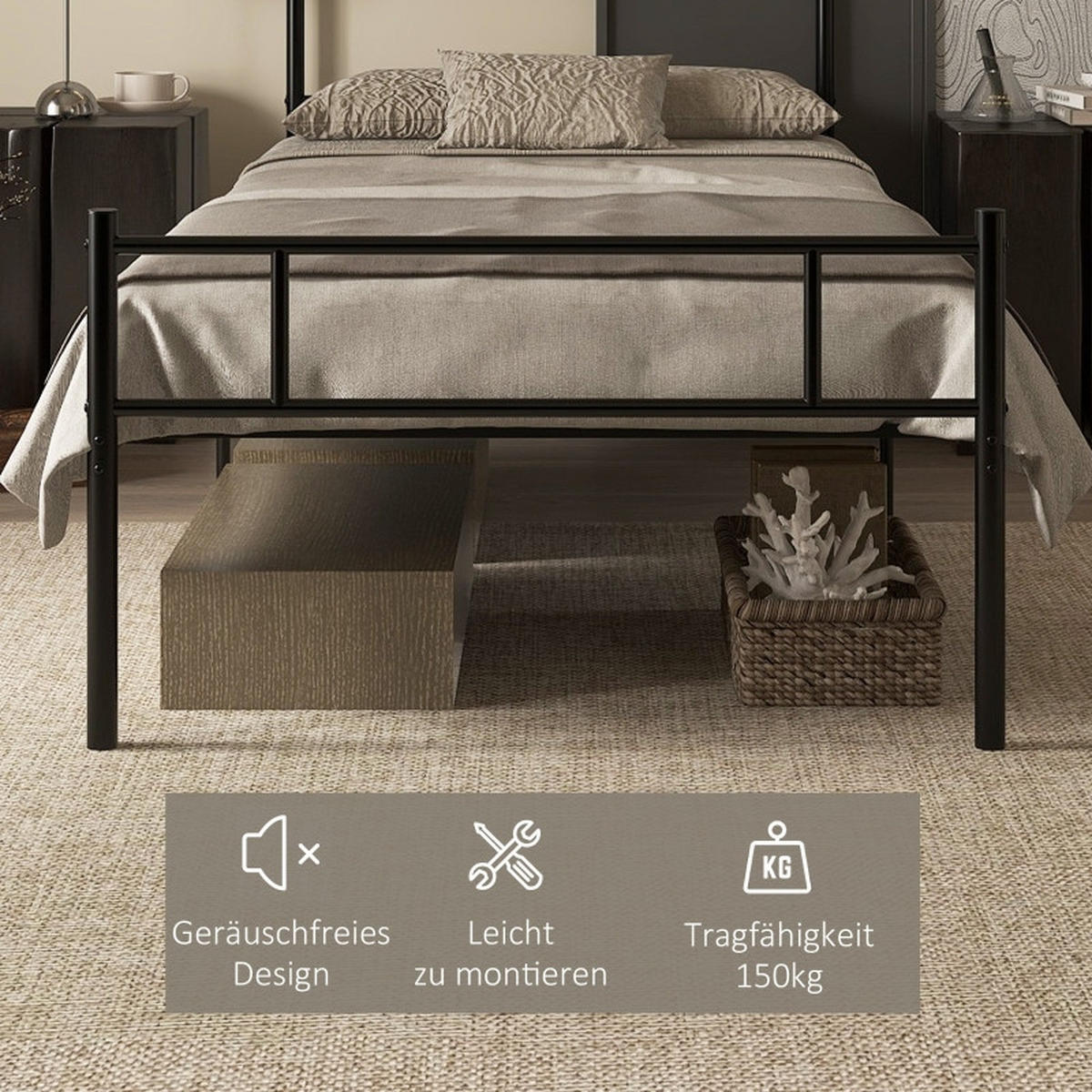 METALLBETT 90x200 cm Lattenrost schwarz - Schwarz, Metall (90/200cm) - LEBENLANG