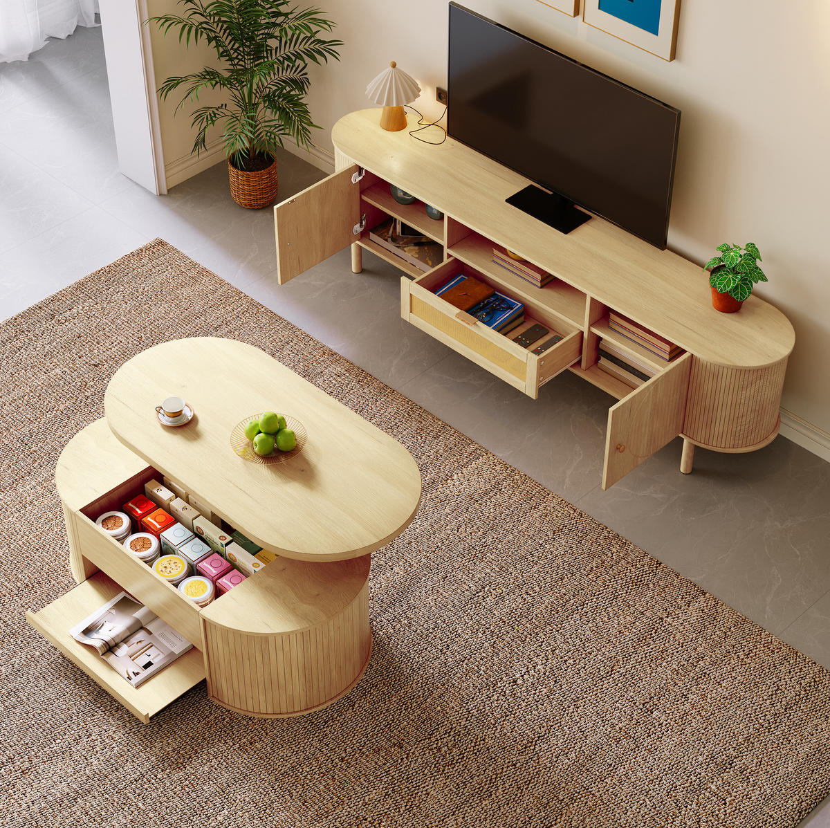 WOHNZIMMERMÖBEL-SET mit höhenverstellbarem Couchtisch und TV-Schrank Natural 2-tlg. - Braun, Holzwerkstoff (36/51/175.1cm) - Beauniv