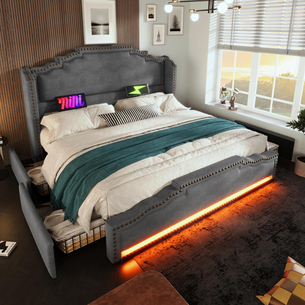 ČALOUNĚNÁ postel 169/214/120 cm, šedá sametová, s LED osvětlením, USB-C a úložnými šuplíky - šedá, textil (160/200cm) - BEAOK