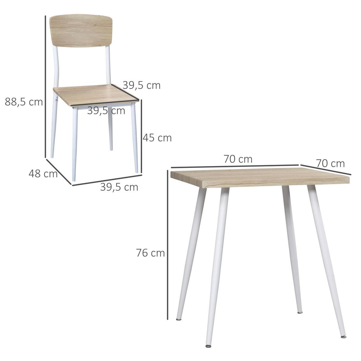 3-TEILIGES quadratisches Esszimmer-Set mit Tisch und 2 Stühlen, Küche/Esszimmer, Tischplatte aus MDF, weißes Metallgestell - Naturfarben, Kunststoff (70/76/70cm)