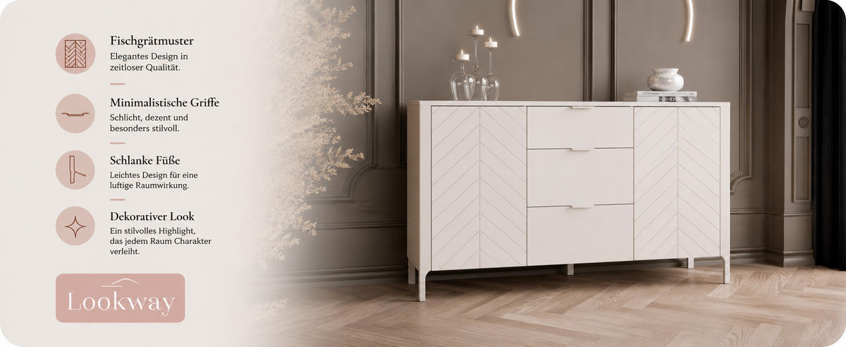 SIDEBOARD mit Schubladen LUMI, Kaschmir - Kaschmir, Holzwerkstoff (153/95/40cm) - Lookway