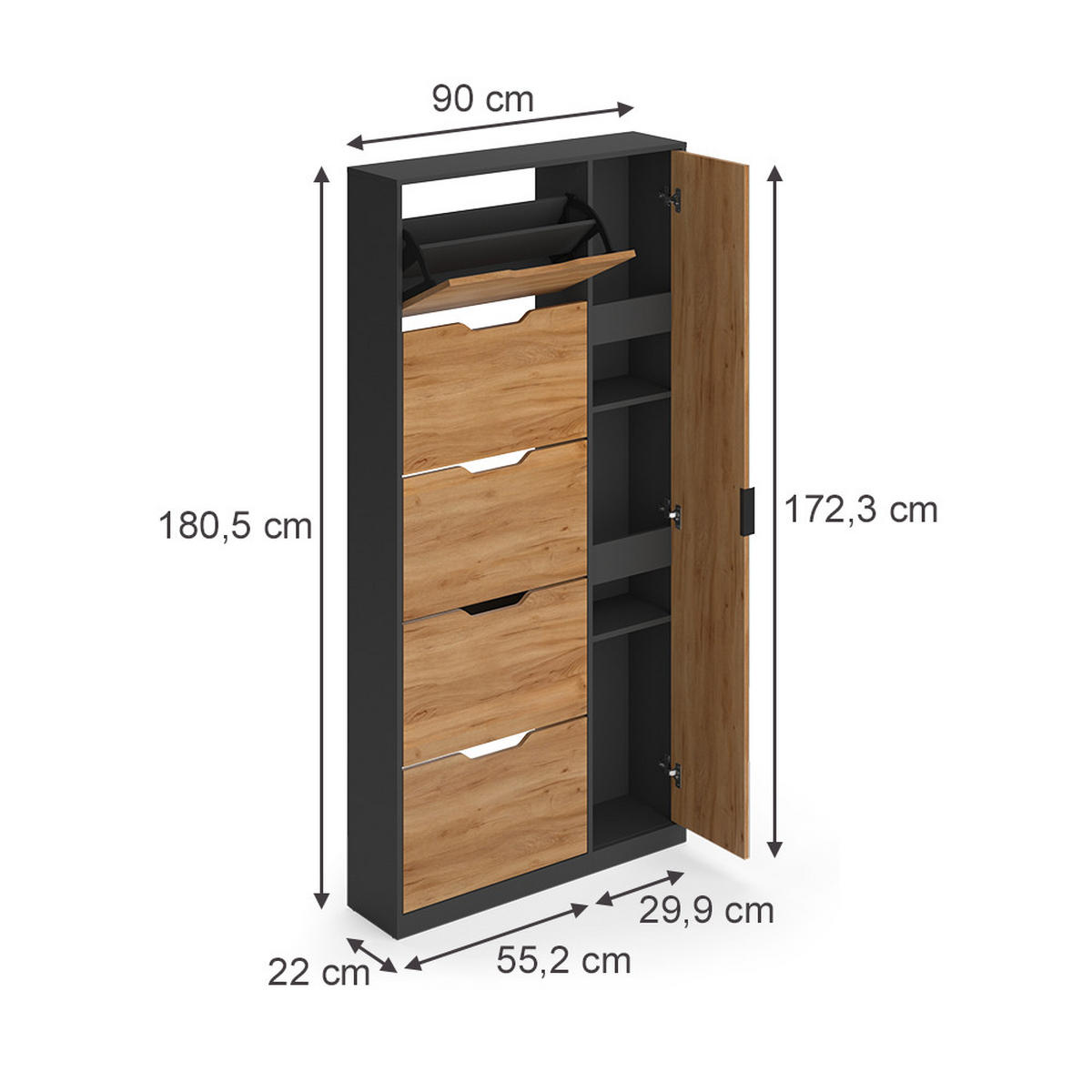 SCHUHKIPPER Luca, Anthrazit/Goldkraft Eiche, 90 x 180.5 cm mit 5 Kippfächern & Spiegel - Honigeiche/Anthrazit, Holzwerkstoff (90/180.5/22cm) - Vicco