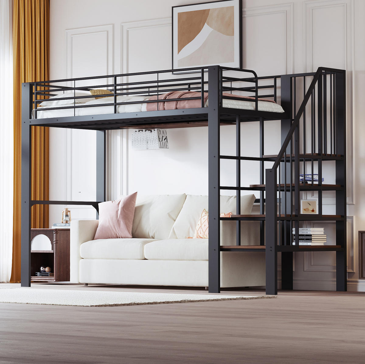 HOCHBETT aus Metall und Holz 90x200 cm Schwarz mit Treppe und Stauraum unter dem Bett - Schwarz, Metall (90/200cm) - Modfu