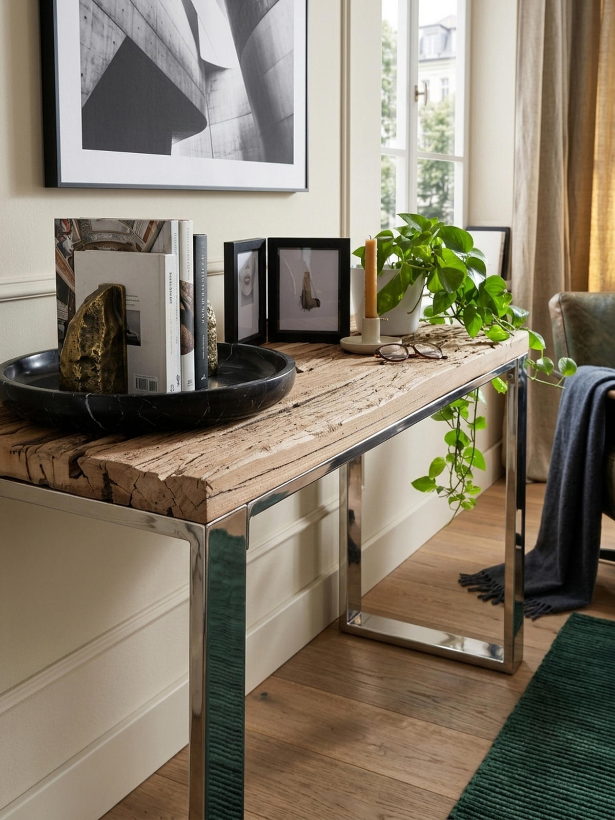 KONSOLENTISCH – Massivholz/Metall, 115 cm, Industrial-Stil, mit Schubladen - Beige/Silberfarben, Holz/Metall (46/115/76cm) - KADIMA DESIGN