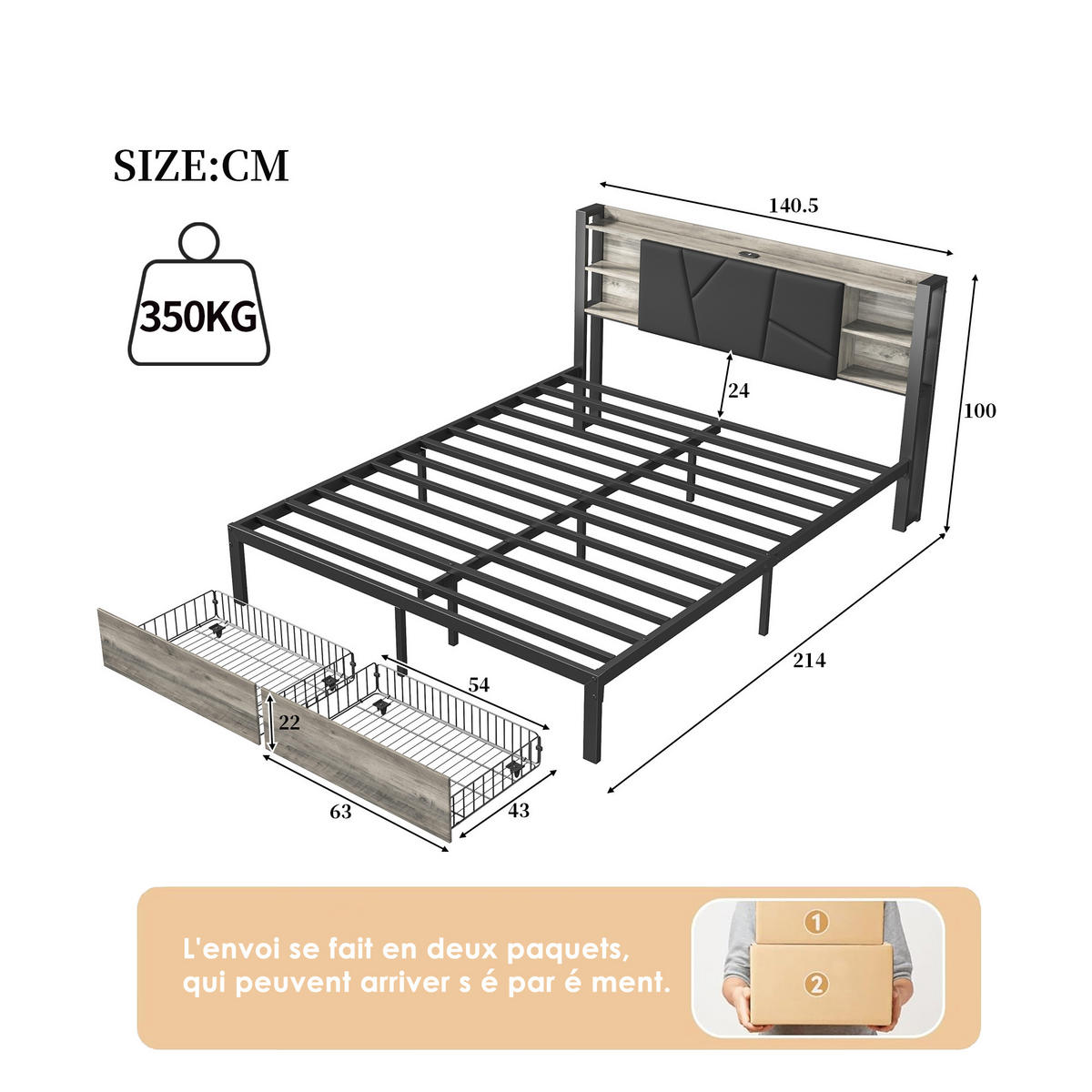 POLSTERBETT Metall 140x200 cm mit LED Beleuchtung, USB Ladefunktion und 2 Schubladen Schwarz - Schwarz, Holzwerkstoff (140/200cm) - Novahome
