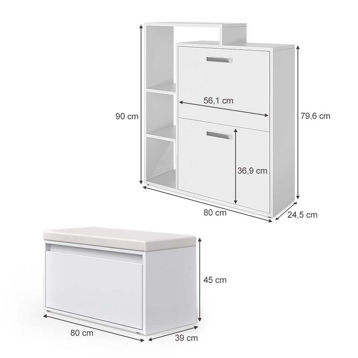 SCHUHKIPPER Orlando Weiß 2 Teile, mit Sitzbank - Weiß, Holzwerkstoff (80/90/39cm) - Vicco