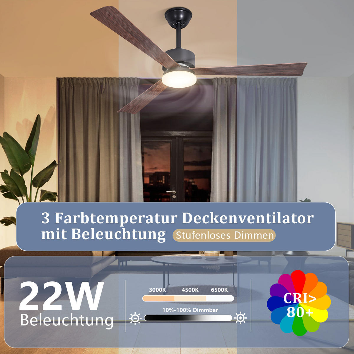 DECKENVENTILATOR mit Beleuchtung Qarvel 131/15/40 cm - Braun, Kunststoff/Metall (131/15/40cm) - ZMH