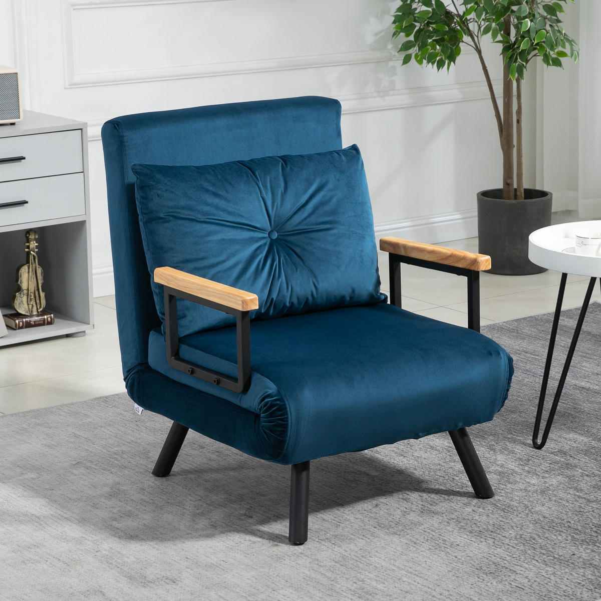 SCHLAFSESSEL, Einzelsofa mit Bettfunktion, Relaxsessel mit Rückenkissen Blau - Blau/Schwarz, Holz/Textil (73/81/63cm) - HOMCOM
