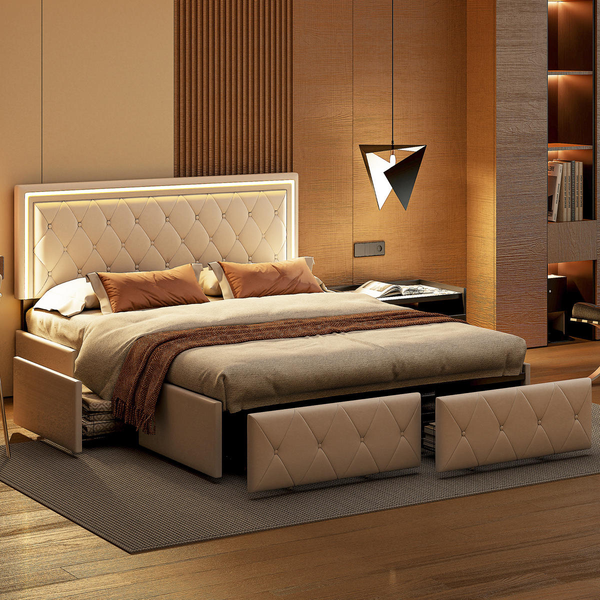 POLSTERBETT 140x200 cm LED 4 Schubladen PU Leder beige - Beige, Holz (140/200cm) - LEBENLANG