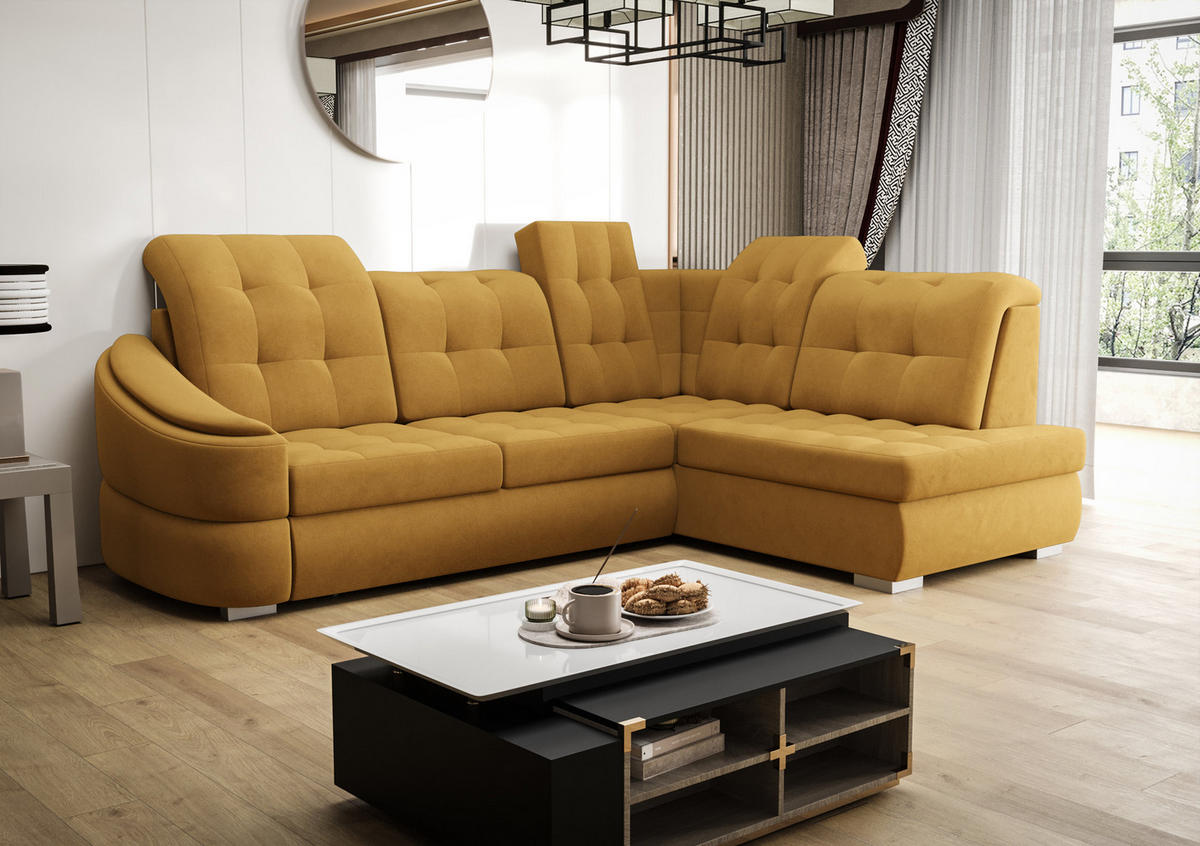 ECKSOFA KONGO RBN09, Eckcouch in L-Form mit Schlaffunktion, Farbe: Gelb, Velourstoff, Ottomane Rechts - Gelb, Textil (260/180cm) - O-Sofa