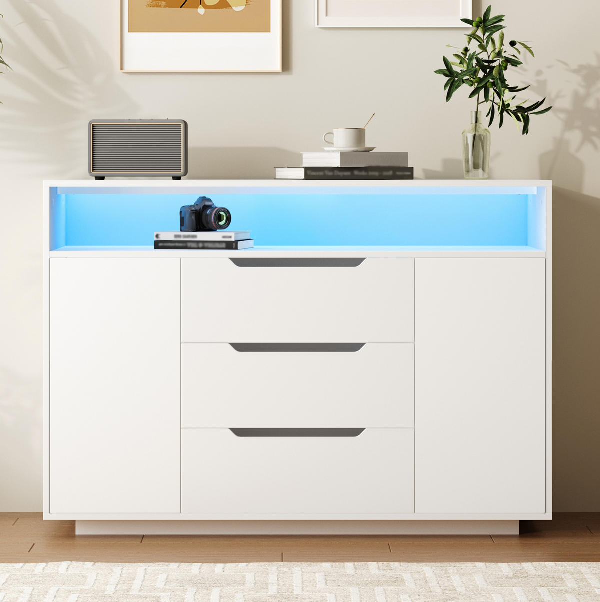 SIDEBOARD aus Holzwerkstoff 120x40x85 cm Weiß mit offenem Regal, 3 Schubladen, Türen und LED-Beleuchtung - Weiß, Holzwerkstoff (120/85/40cm) - Modfu