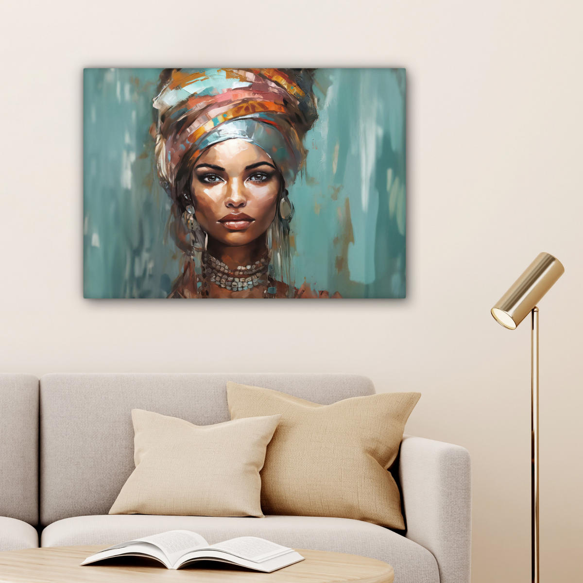 LEINWANDBILD Frau - Kunst - Schmuck - Porträt Wandbilder 80x60 cm - Blaugrau, Textil (80/60cm) - MuchoWow