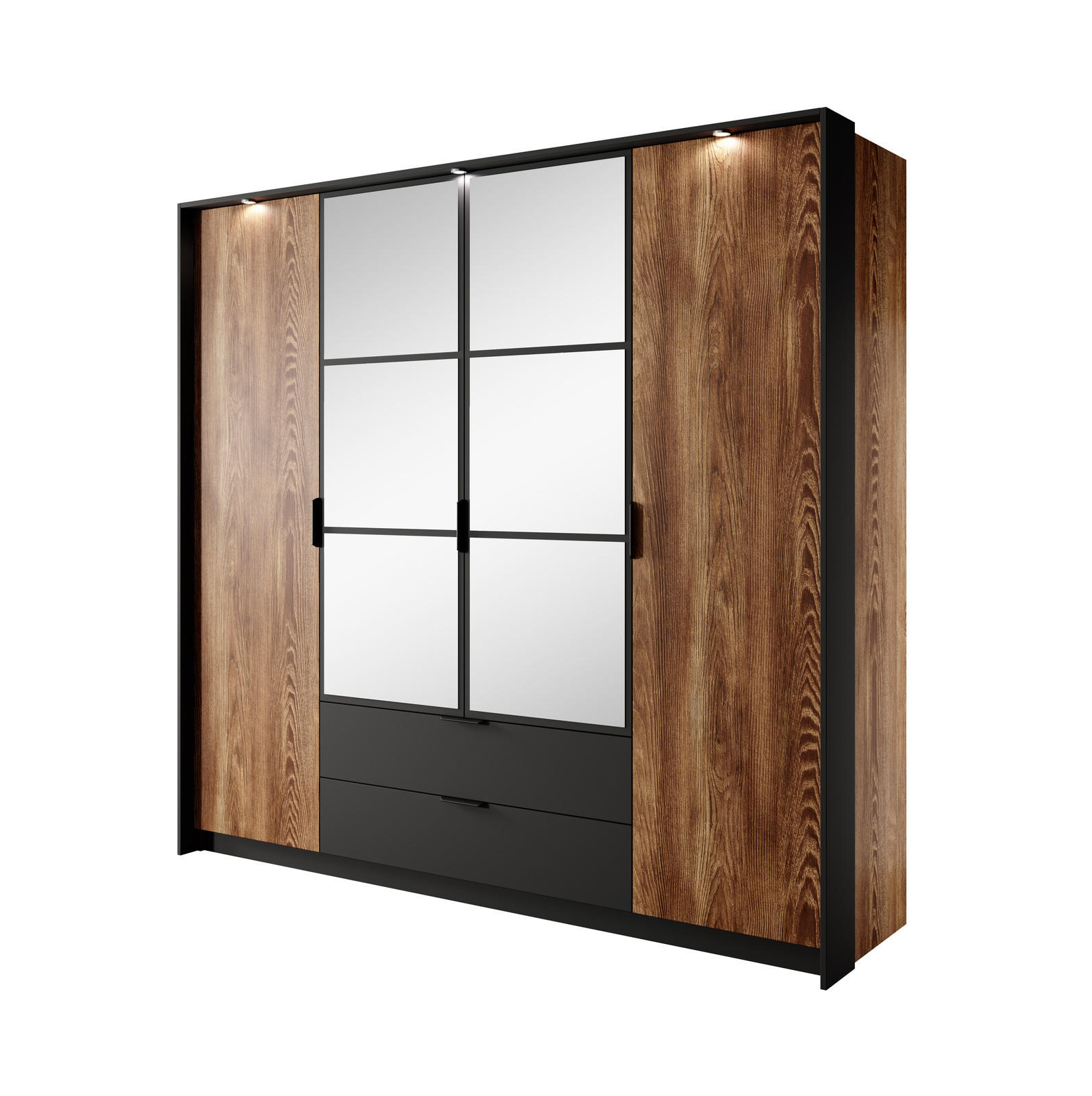 KLEIDERSCHRANK MELTON 223 cm Kastanie / Anthrazit - mit Spiegel, Schubladen und LED - Kastanienfarben/Anthrazit, Holz/Holzwerkstoff (223/210/59cm) - Ravio