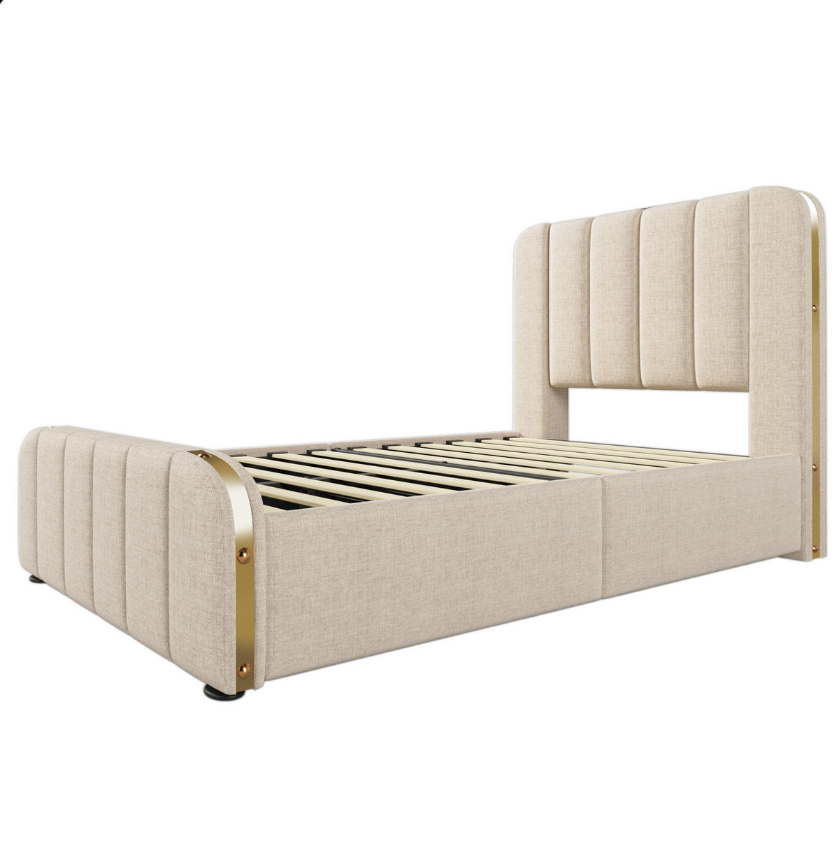 POLSTERBETT aus Leinen 90x200 cm Beige mit 4 Schubladen, USB- und USB-C-Ladeanschluss - Beige, Textil (90/200cm) - IVMEU