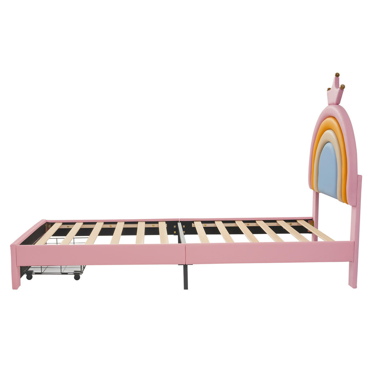 KINDER-POLSTERBETT aus PU 90x200 cm Rosa mit höhenverstellbarem Regenbogen-Kopfteil und Schublade - Pink, Kunststoff (90/200cm) - IVMEU