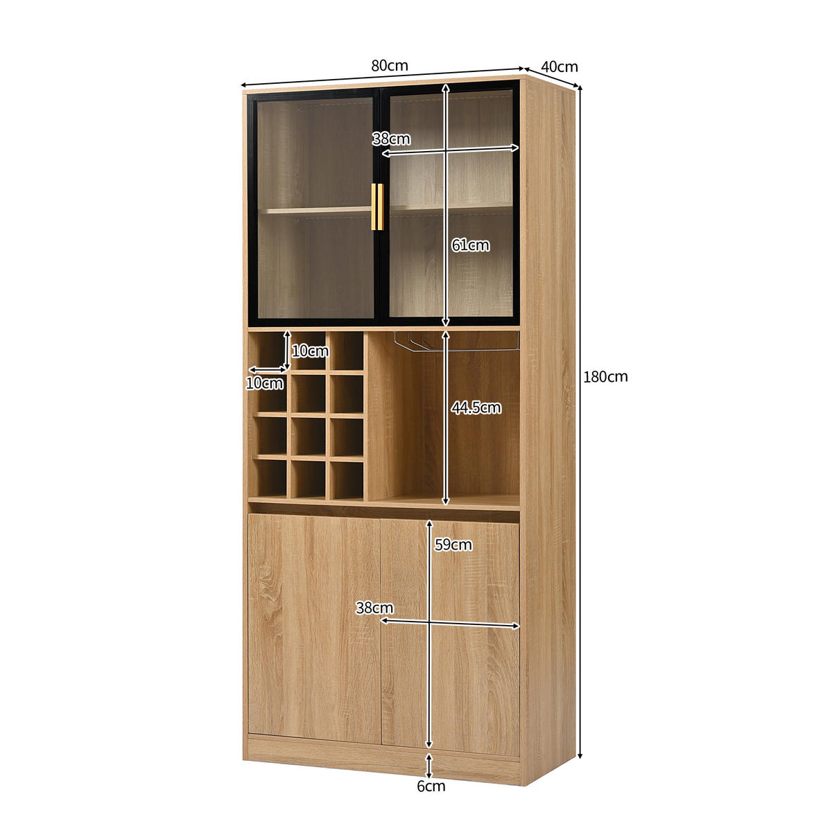 VITRINE Organizer 80x40x180 cm Naturfarben mit Glastüren & LED-Lichtleiste - Naturfarben, Holzwerkstoff (80/180/40cm) - Modfu